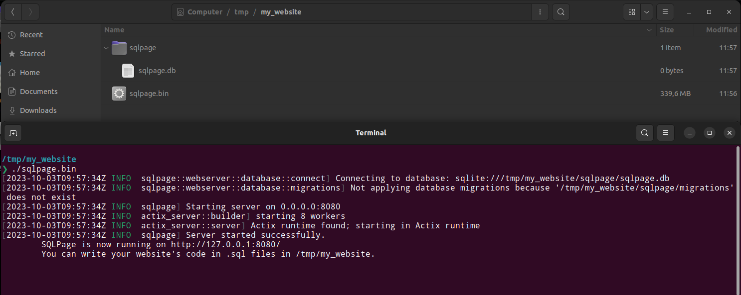 screenshot for the sql website setup on linux